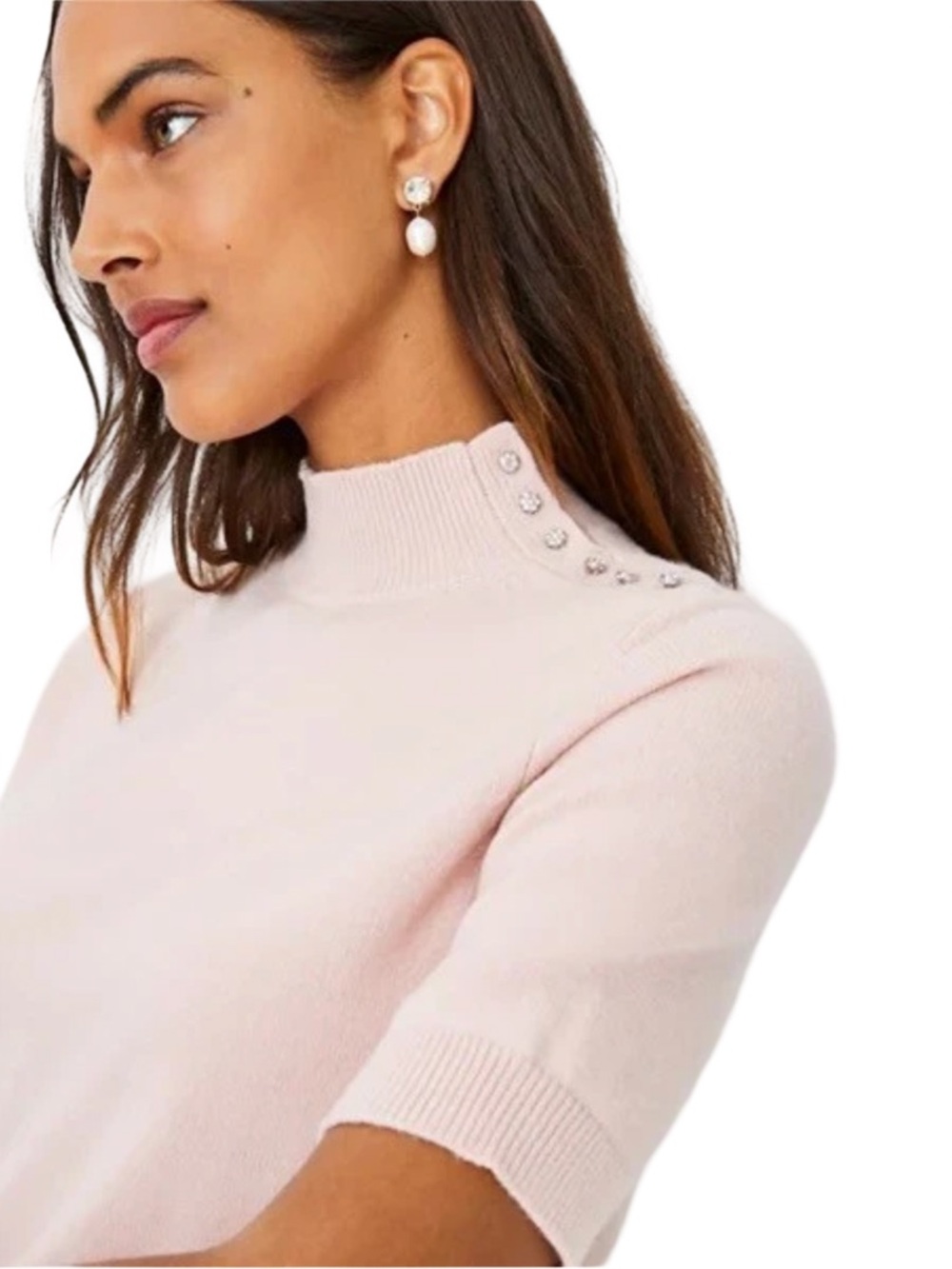 Ann Taylor Pink Mock Neck Short Sleeve Sweater Rhinestone Shoulder XS